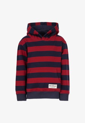 Punainen ja tumman sininen raidoitettu huppari, jossa on kengurun tasku, pehmeä kangas, ribbattu hihansuu ja logosignaali edessä. Huppukaulus.