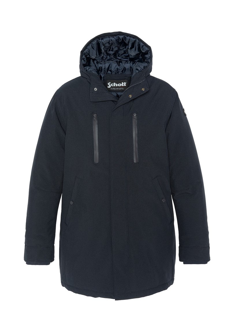 Parka bleu foncé avec capuche, poches zippées et fermetures à pression. Présente un extérieur lisse et une doublure intérieure matelassée.