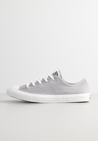 Szare płócienne sneakersy typu low-top z białą gumową podeszwą i czubkiem. Posiadają sześć otworów na sznurówki i czarną metkę z logo na języku.