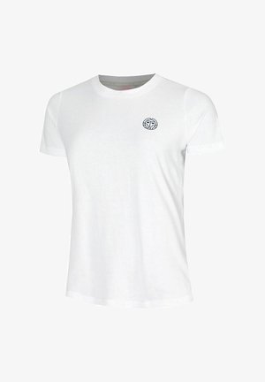 T-shirt bianca in cotone con maniche corte, collo rotondo, caratterizzata da un piccolo logo circolare blu navy sulla parte sinistra del petto. Tessuto morbido, vestibilità casual.