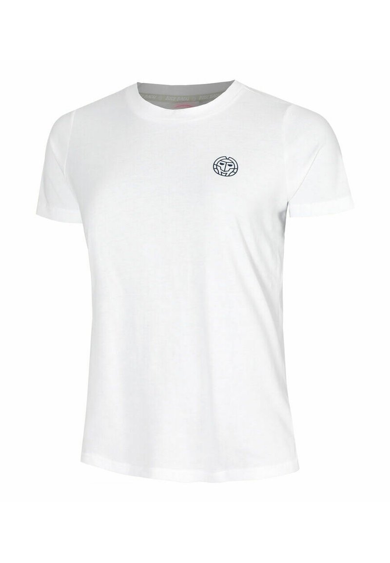 Camiseta de algodón blanca con mangas cortas, cuello redondo, con un pequeño logo circular en color azul marino en el área del pecho izquierdo. Textura suave, ajuste casual.