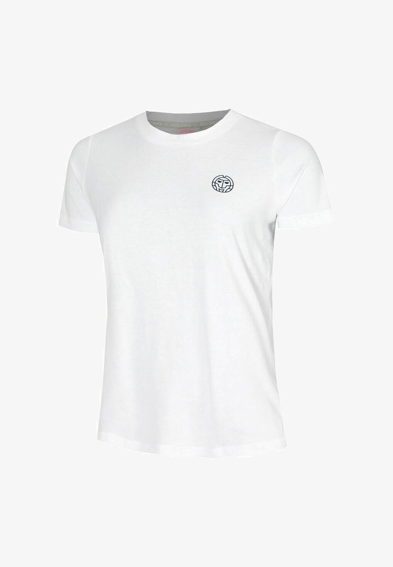 Witte katoenen T-shirt met korte mouwen, ronde hals, met een klein marineblauw rond logo op de linkerborst. Zachte textuur, casual pasvorm.