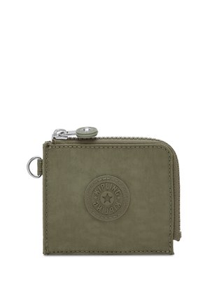 Small olive green fabric wallet with round Kipling logo patch, zipper closure, and metal keyring loop on the side.