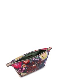 Bloemenprint etui op een donkere achtergrond met gekleurde bloemen. Voorzien van een ritsluiting en een lichtgroene binnenkant. Textuuraccent van het metaal.