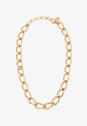 Gouden ketting met ovale schakels en een glanzende afwerking, voorzien van een karabijnsluiting. Gladde textuur, uniforme kleur door het geheel.