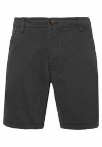 Pantaloni corti grigi scuri in cotone con vestibilità regolare. Presentano chiusura con bottone, passanti per cintura e orlo cucito.