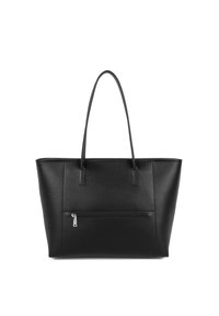 Black leather tote bag with textured surface, dual short handles, and a front zip pocket. Rectangular shape with a structured design.