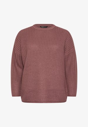 Sweter z dzianiny wafelkowej w kolorze przydymionego różu, z okrągłym dekoltem, długimi rękawami i luźnym krojem. Teksturowana tkanina o miękkim wyglądzie.