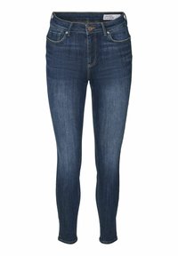 Jeans ajustados de denim azul oscuro, con una cintura alta, cinco bolsillos y detalles de costura dorada. Diseño clásico, forma slim-fit.
