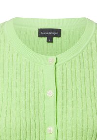 Hellgrüner Strickcardigan mit geripptem Textur, mit einem runden Ausschnitt und drei weißen Knopfverschlüssen vorne. Markenetikett enthalten.