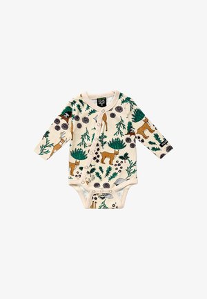 Langærmet babybody i cremefarve med legesyge dyre- og planteprint, der har trykknaplukning, blødt stof og miljøvenligt design.