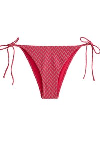 Bikini bottom in un vivace rosa con un motivo geometrico. Presenta lacci regolabili su entrambi i lati e un rivestimento interno a contrasto.