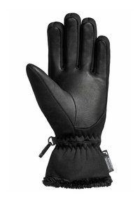 Schwarze Handschuhe mit einer Lederhandfläche und einem weichen Stoffrücken, mit einem gestrafften Handgelenk und Fleecebesatz für zusätzlichen Wärme- und Tragekomfort.