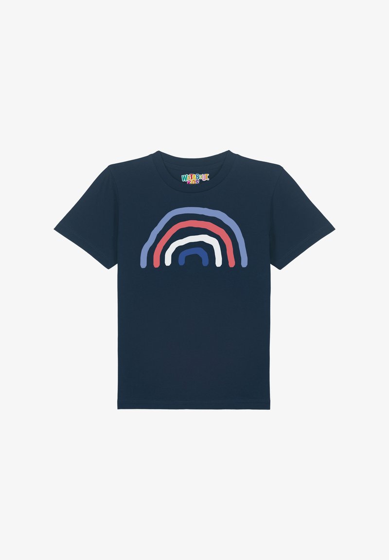 Marineblaue T-Shirt aus Baumwolle, mit einem Regenbogenmuster in geschwungenen Linien in Rot, Weiß, Blau und Pink über der Brust.