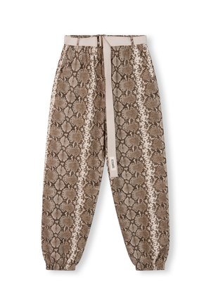 Hose im braunen Schlangenprint mit elastischen Bündchen und einem passenden Gürtel. Strukturierter Stoff mit helleren Akzenten und einem Logo-Tag an der Seite.