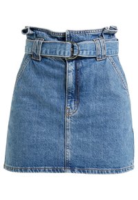 Vaaleansininen denim-hame, jossa on vyölenkki, edessä vetoketju, kaksi taskua ja hienovaraiset ompeluyksityiskohdat. Klassinen A-linjainen muoto.