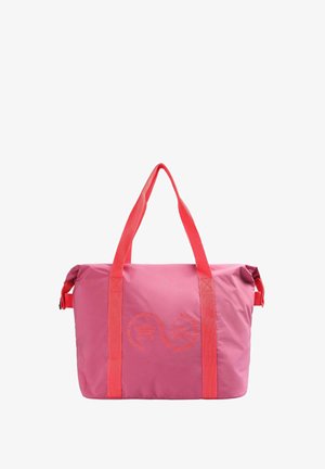 Sac fourre-tout rose à rouleau avec des anses corail et un imprimé graphique d'un côté. Fabriqué en tissu léger avec une texture lisse.