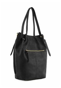 Zwarte lederen totebag met twee lange handvatten, een ritssluiting aan de voorkant met gouden hardware en een zachte, gestructureerde afwerking.