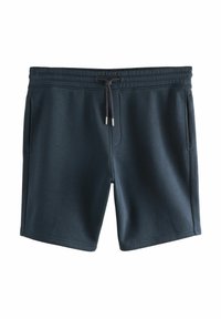 Shorts de cintura elástica de color azul oscuro, hechos de una tela suave, con dos bolsillos laterales y un cordón con puntas metálicas.