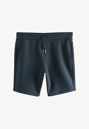 Temno modri kratki hlače z elastičnim pasom, izdelane iz mehkega blaga, z dvema stranskima žepoma in vrvico z kovinskimi konicami.