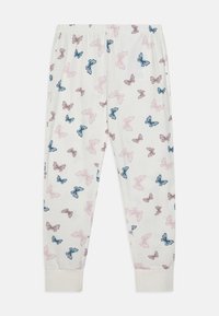 Lightweight pajama pants in white cotton, featuring an all-over butterfly pattern in blue and pink. Elastic waistband and cuffed hems.
