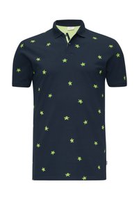 Granatowa koszulka polo z zielonymi wzorami liści. Posiada klasyczny kołnierzyk, krótkie rękawy oraz zapięcie na dwa guziki. Wykonana z materiału bawełnianego.