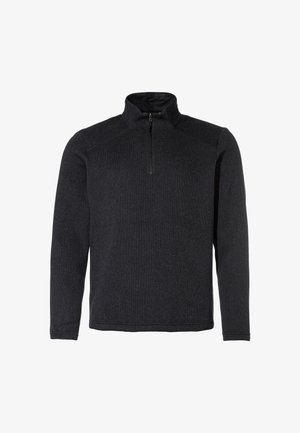 Pull en gris foncé à demi-zippé fabriqué dans un tissu texturé. Caractéristiques d'un col montant et de manches longues avec des bords côtelés.