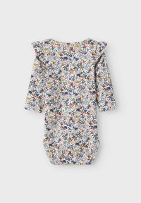 Baby-Bodysuit mit floralem Muster und langen Ärmeln, ausgestattet mit Rüschendetails an den Schultern. Die Farben umfassen Blau, Rosa, Orange und Grün auf einem weißen Hintergrund.