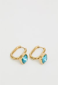 Cercei din aur cu forme rotunde, având un gemstone de culoare aquamarine în montură cu colțuri, prezentând un finisaj lustruit și un design clasic.