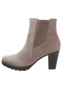 Grå mocka anklar stövlar med klack, elastiska sidopaneler, rund tå och texturerad gummisula för förbättrat grepp.