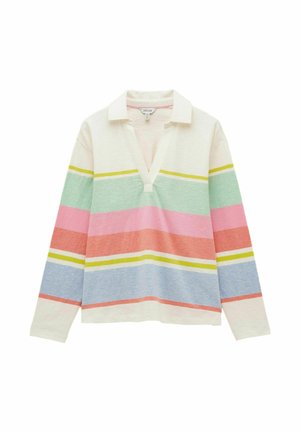 Langärmeliges Poloshirt mit V-Ausschnitt und horizontalen Streifen in Creme, Gelb, Grün, Rosa, Koralle und Blau.