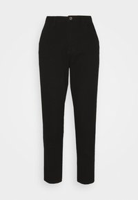 Pantalones negros de mezcla de algodón, con cintura ajustada, diseño de pierna recta y bolsillos frontales; textura suave con un detalle mínimo.