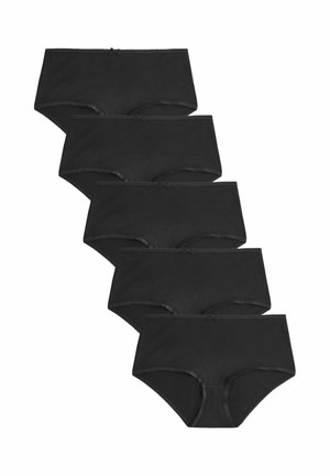 Zwarte katoenen slipjes in een verpakking van vijf. Zacht materiaal, volledig bedekkend ontwerp, met strikaccenten en elastische taillebanden.