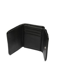 Portafoglio in pelle nera con molteplici scomparti per carte e una texture liscia, caratterizzato da un sottile accento sulla superficie interna.
