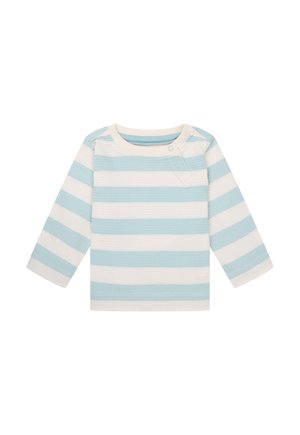 Long-sleeve shirt with light blue and white stripes, featuring a textured fabric, a round neckline, and two snaps on the shoulder.