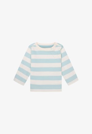 Langarmshirt mit hellblauen und weißen Streifen, aus strukturiertem Stoff, mit Rundhalsausschnitt und zwei Druckknöpfen an der Schulter.