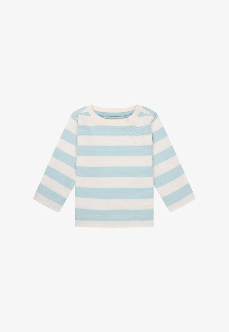 Langarmshirt mit hellblauen und weißen Streifen, aus strukturiertem Stoff, mit Rundhalsausschnitt und zwei Druckknöpfen an der Schulter.