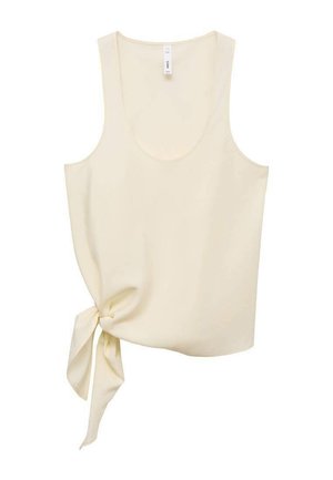 Cream-colored tank top made of smooth fabric, featuring a scoop neckline and a side tie detail for an asymmetric design.