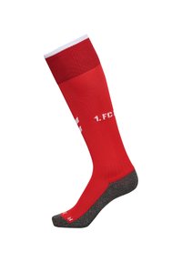 Calzino sportivo rosso con una striscia bianca nella parte superiore, con dettagli grigi sulla punta e sul tallone. Il testo "1.FC" è stampato sul lato.
