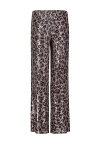Pantalons larges en imprimé léopard avec une finition en sequins brillants. Le tissu a une texture lisse avec une palette de couleurs neutres de bruns et de noirs.