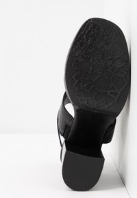 Sandale à talon pour femme noire vue de la semelle avec semelle texturée et à motifs, talon bloc, et bride élastique sur fond blanc.