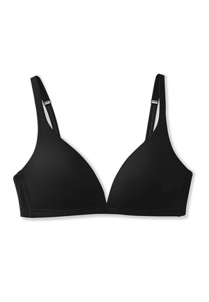 Black triangular bralette with thin straps, smooth fabric, no padding, and adjustable hardware at the back for fit customization.