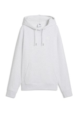 Lysegrå pullover-hoodie med front kengurulomme, snore og lille hvidt logo på venstre bryst.