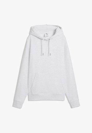 Jasnoszara bluza z kapturem typu pullover z przednią kieszenią kangurką, sznurkami i małym białym logo na lewej piersi.