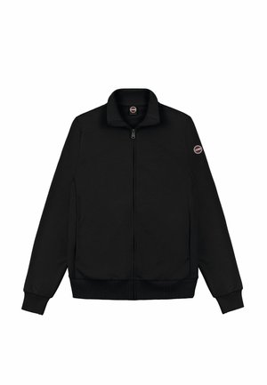 Black zip-up jacket with a high collar, ribbed cuffs and waistband, made of a smooth fabric, featuring a small round logo on the left sleeve.
