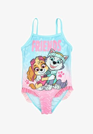 Maillot de bain pour filles rose et bleu avec des bretelles spaghetti, affichant des chiens de cartoon et le texte "AMIES POUR TOUJOURS". Bordure froncée en bas.