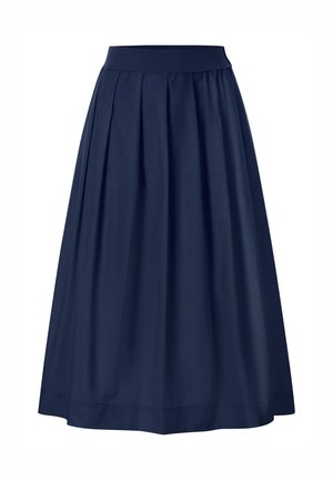 Jupe plissée marine en tissu lisse, dotée d'une taille haute et d'une silhouette fluide, avec un éclat subtil et un minimalisme dans les détails.