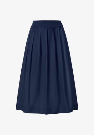 Falda plisada azul marino hecha de una tela suave, con cintura alta y silueta fluida, con un brillo sutil y un detalle mínimo.