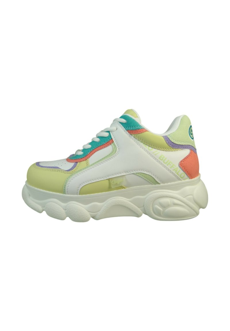 Zapatillas blancas con acentos multicolores en verde, rosa y azul. Presentan una suela gruesa, cuero liso y superposiciones texturizadas.