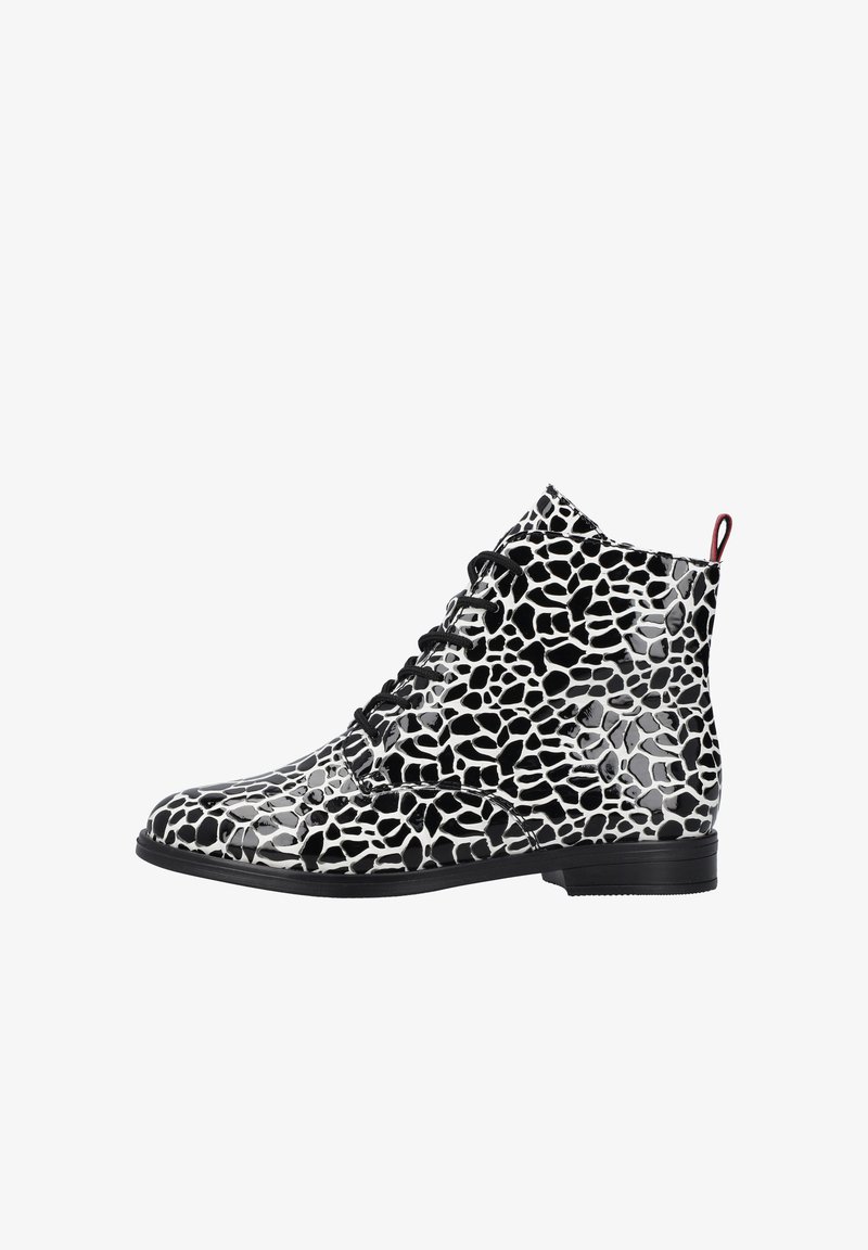 Bottines noir et blanc avec une finition brillante, ornées d'un motif animal texturé, bout rond et lacets noirs.